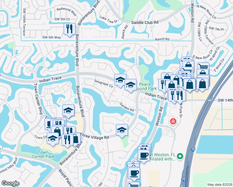map of restaurants, bars, coffee shops, grocery stores, and more near 1411 Seagrape Circle in Weston