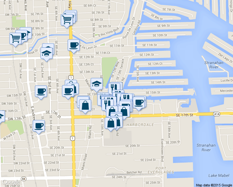 map of restaurants, bars, coffee shops, grocery stores, and more near Southeast 15th Street in Fort Lauderdale