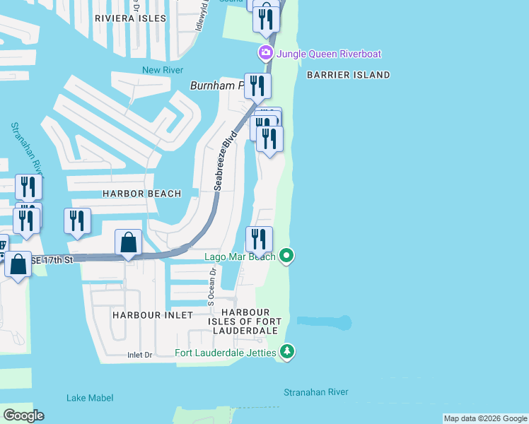 map of restaurants, bars, coffee shops, grocery stores, and more near 1590 South Ocean Lane in Fort Lauderdale
