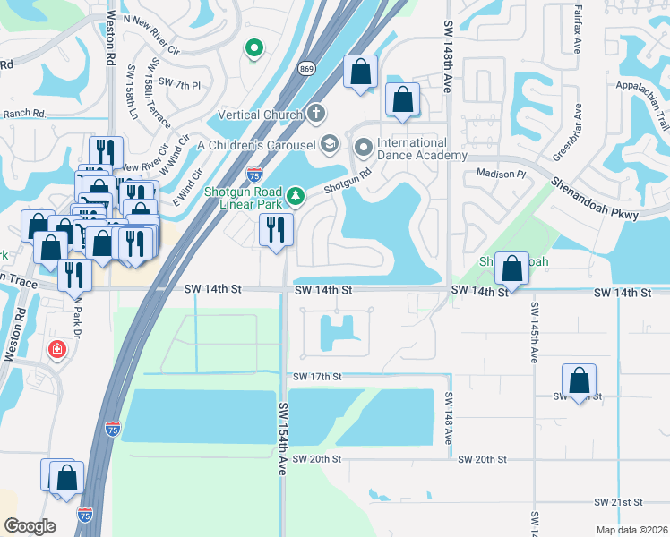 map of restaurants, bars, coffee shops, grocery stores, and more near 15098 Southwest 13th Place in Sunrise