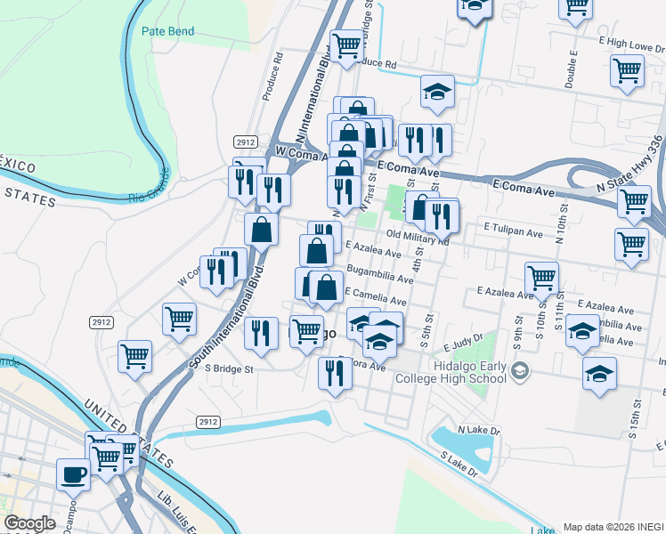 map of restaurants, bars, coffee shops, grocery stores, and more near 307 South Bridge Street in Hidalgo
