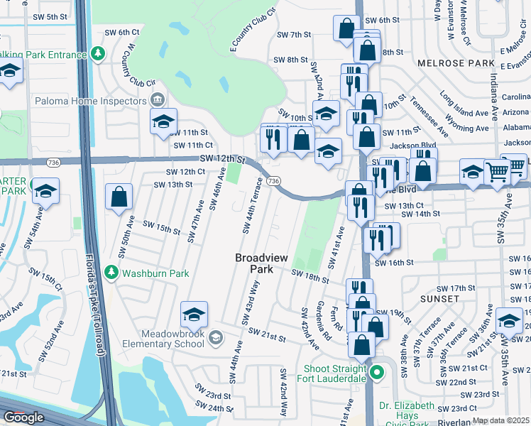 map of restaurants, bars, coffee shops, grocery stores, and more near 1440 Southwest 44th Terrace in Fort Lauderdale