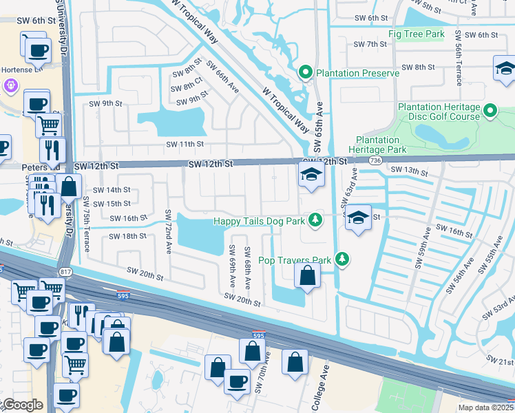 map of restaurants, bars, coffee shops, grocery stores, and more near 6741 Southwest 16th Street in Plantation