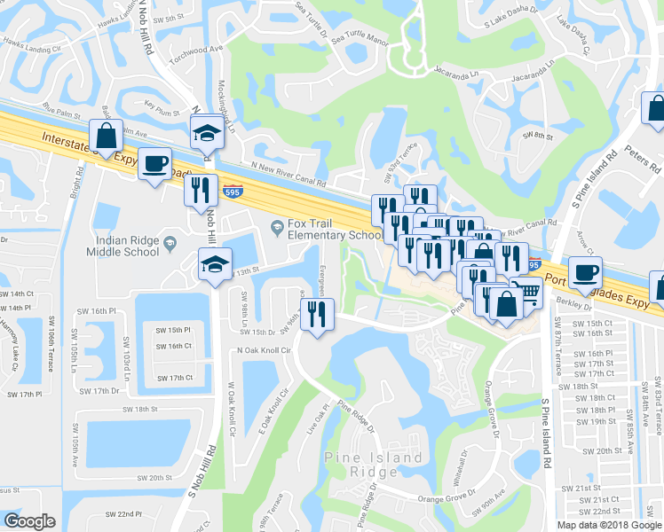 map of restaurants, bars, coffee shops, grocery stores, and more near 9435 Evergreen Place in Davie