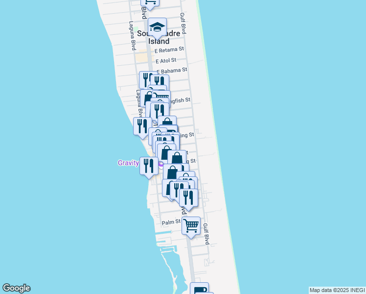 map of restaurants, bars, coffee shops, grocery stores, and more near 122 Pike Street in South Padre Island