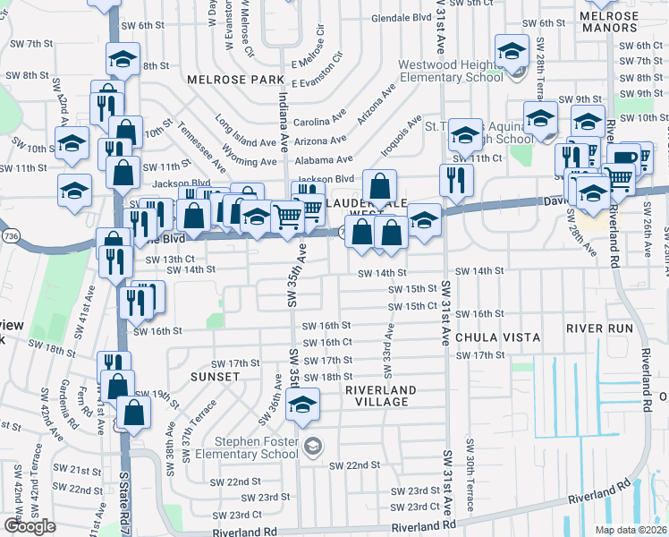 map of restaurants, bars, coffee shops, grocery stores, and more near 1396 Southwest 34th Avenue in Fort Lauderdale