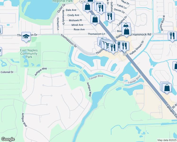 map of restaurants, bars, coffee shops, grocery stores, and more near 5050 Andros Drive in Naples