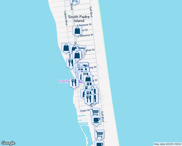 map of restaurants, bars, coffee shops, grocery stores, and more near 115 East Amberjack Street in South Padre Island