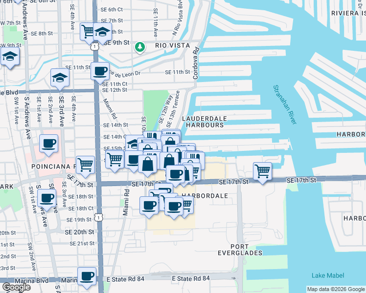 map of restaurants, bars, coffee shops, grocery stores, and more near Southeast 15th Street in Fort Lauderdale