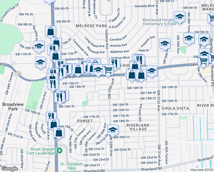 map of restaurants, bars, coffee shops, grocery stores, and more near 3471 Southwest 14th Street in Fort Lauderdale