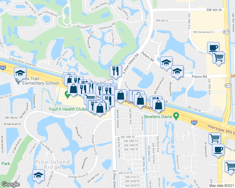 map of restaurants, bars, coffee shops, grocery stores, and more near 1398 South Pine Island Road in Fort Lauderdale