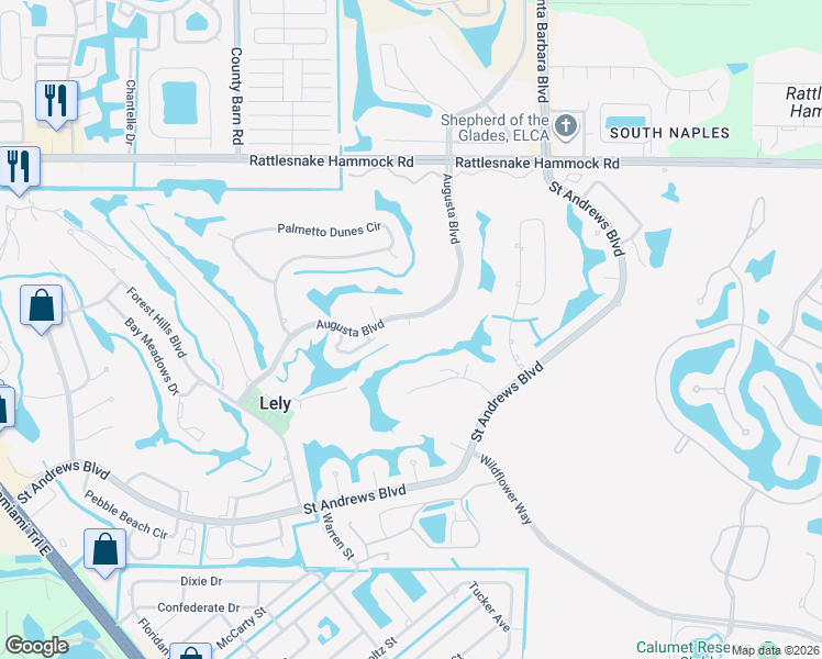 map of restaurants, bars, coffee shops, grocery stores, and more near 594 Augusta Boulevard in Naples