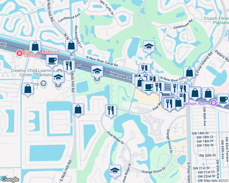 map of restaurants, bars, coffee shops, grocery stores, and more near 9441 Evergreen Place in Davie