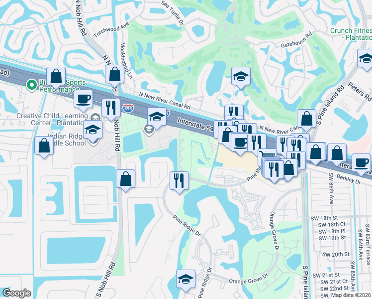 map of restaurants, bars, coffee shops, grocery stores, and more near 9435 Evergreen Place in Davie