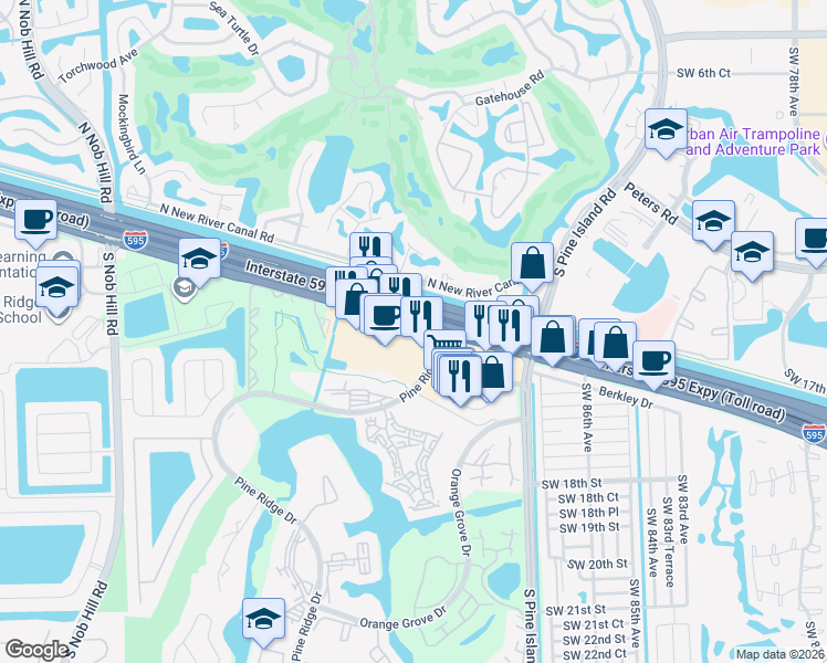 map of restaurants, bars, coffee shops, grocery stores, and more near 9000 West State Road 84 in Davie