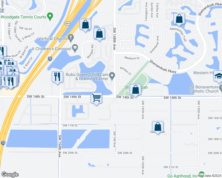 map of restaurants, bars, coffee shops, grocery stores, and more near 1247 Southwest 149th Lane in Sunrise