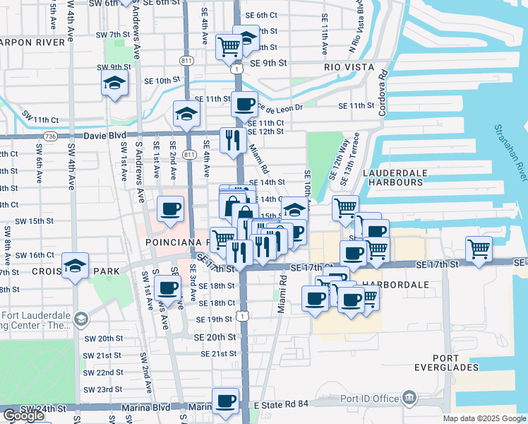 map of restaurants, bars, coffee shops, grocery stores, and more near 711 Southeast 15th Street in Fort Lauderdale