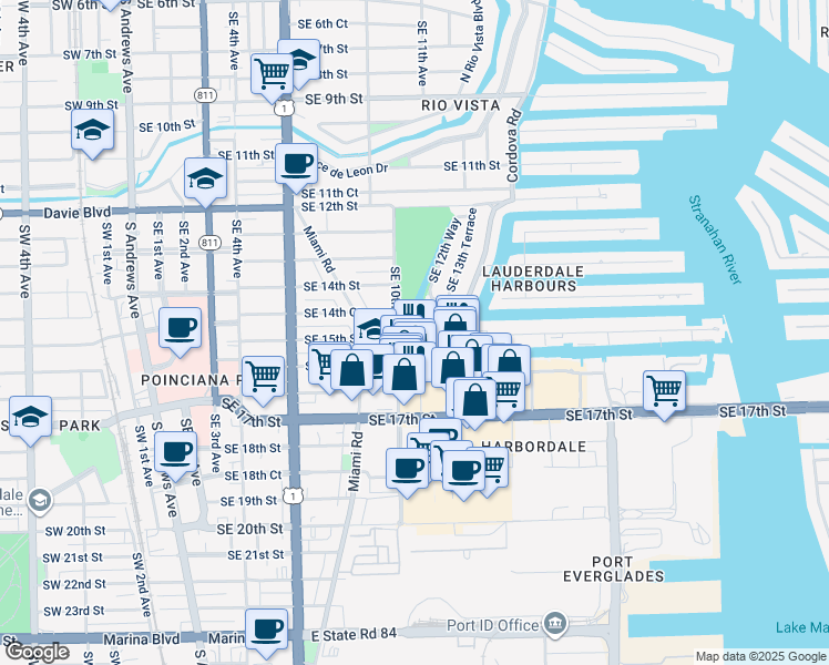 map of restaurants, bars, coffee shops, grocery stores, and more near 1050 Southeast 15th Street in Fort Lauderdale