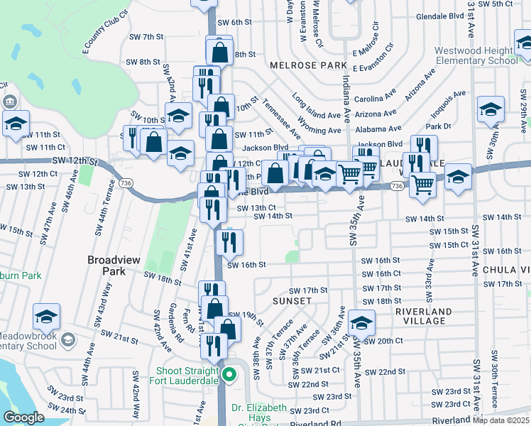 map of restaurants, bars, coffee shops, grocery stores, and more near 3808 Southwest 14th Street in Fort Lauderdale