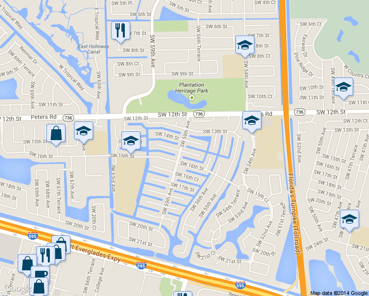 map of restaurants, bars, coffee shops, grocery stores, and more near 1501-1599 Southwest 59th Avenue in Plantation