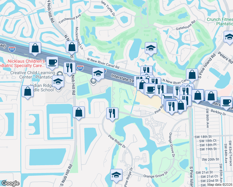 map of restaurants, bars, coffee shops, grocery stores, and more near 9435 Evergreen Place in Davie