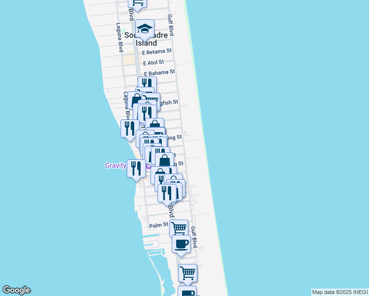 map of restaurants, bars, coffee shops, grocery stores, and more near 122 Pike Street in South Padre Island