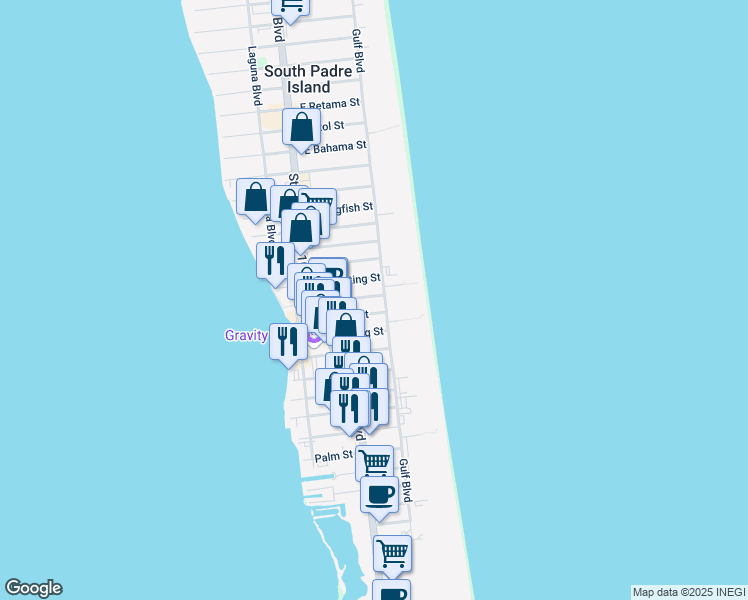 map of restaurants, bars, coffee shops, grocery stores, and more near 122 Pike Street in South Padre Island