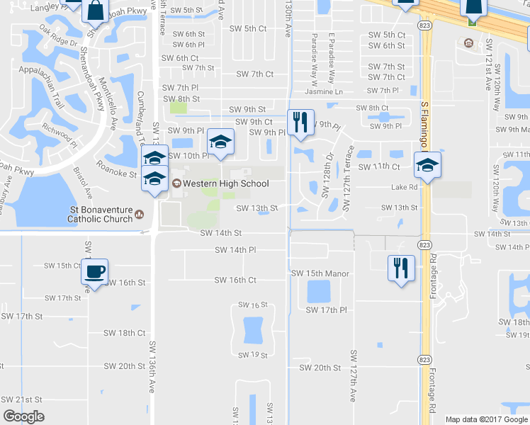 map of restaurants, bars, coffee shops, grocery stores, and more near 13080 Southwest 13th Street in Davie