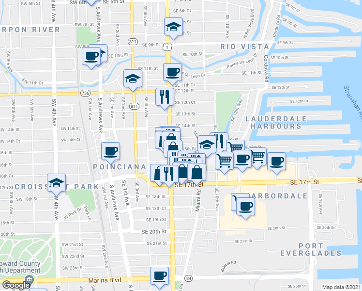 map of restaurants, bars, coffee shops, grocery stores, and more near 701 Southeast 15th Street in Fort Lauderdale
