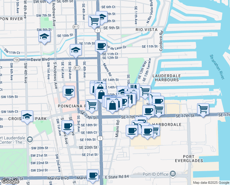 map of restaurants, bars, coffee shops, grocery stores, and more near 727 Southeast 15th Street in Fort Lauderdale