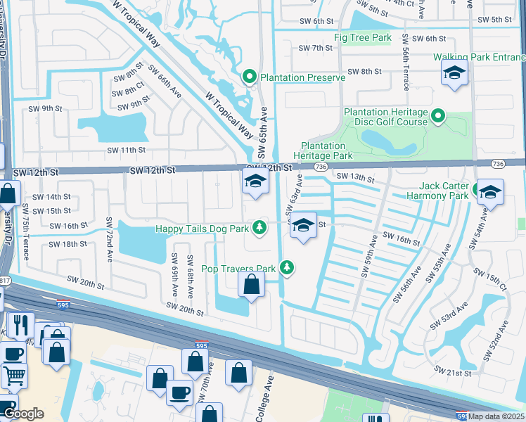 map of restaurants, bars, coffee shops, grocery stores, and more near 1500 Southwest 66th Avenue in Plantation