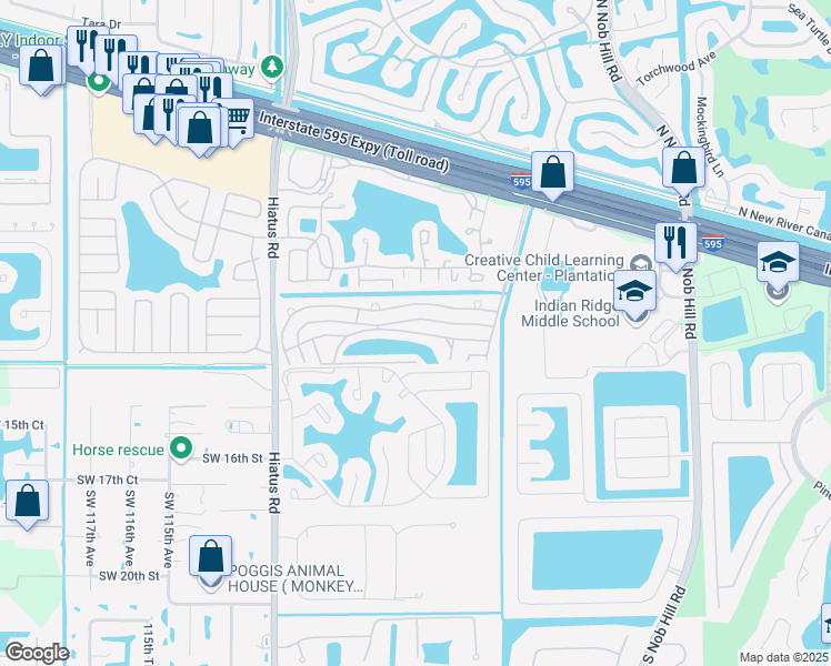map of restaurants, bars, coffee shops, grocery stores, and more near Clubhouse Drive in Davie