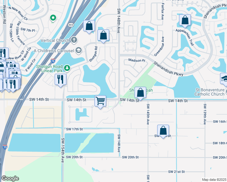 map of restaurants, bars, coffee shops, grocery stores, and more near 1247 Southwest 149th Lane in Sunrise