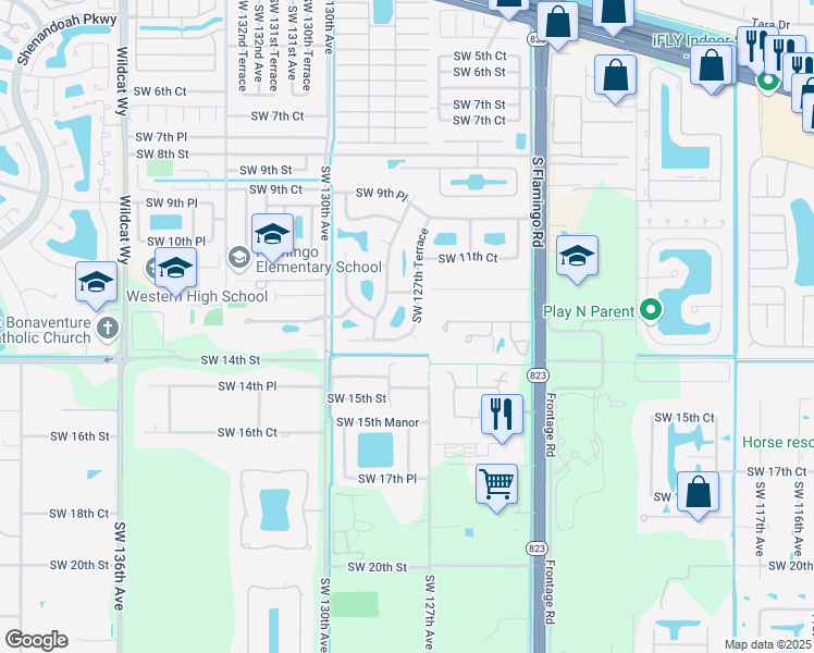 map of restaurants, bars, coffee shops, grocery stores, and more near 1331 Southwest 127th Terrace in Davie