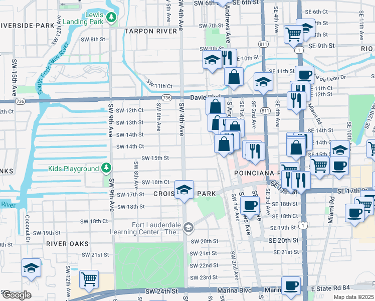 map of restaurants, bars, coffee shops, grocery stores, and more near 395 Southwest 15th Street in Fort Lauderdale