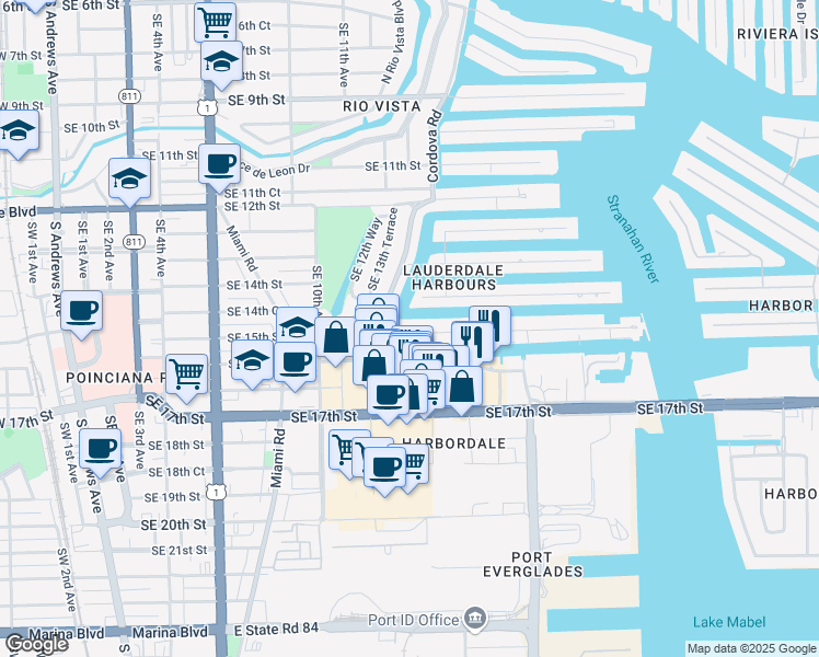 map of restaurants, bars, coffee shops, grocery stores, and more near 1490 Southeast 15th Street in Fort Lauderdale