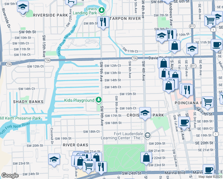 map of restaurants, bars, coffee shops, grocery stores, and more near 1480 Southwest 9th Avenue in Fort Lauderdale
