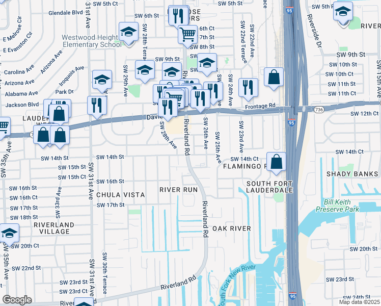 map of restaurants, bars, coffee shops, grocery stores, and more near 1401 Southwest 27th Avenue in Fort Lauderdale