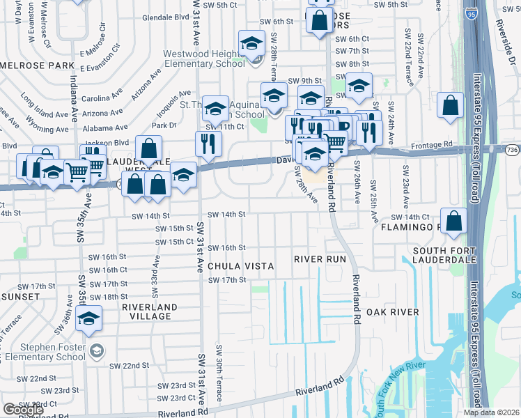 map of restaurants, bars, coffee shops, grocery stores, and more near 2900 Southwest 14th Street in Fort Lauderdale