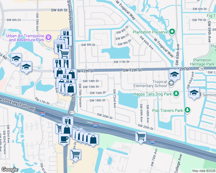 map of restaurants, bars, coffee shops, grocery stores, and more near 7321 Southwest 16th Street in Plantation