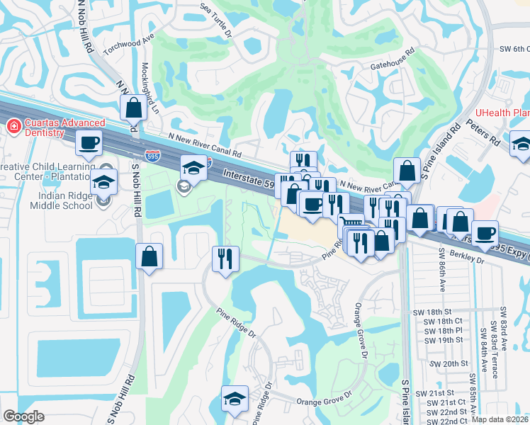 map of restaurants, bars, coffee shops, grocery stores, and more near 9495 Evergreen Place in Davie