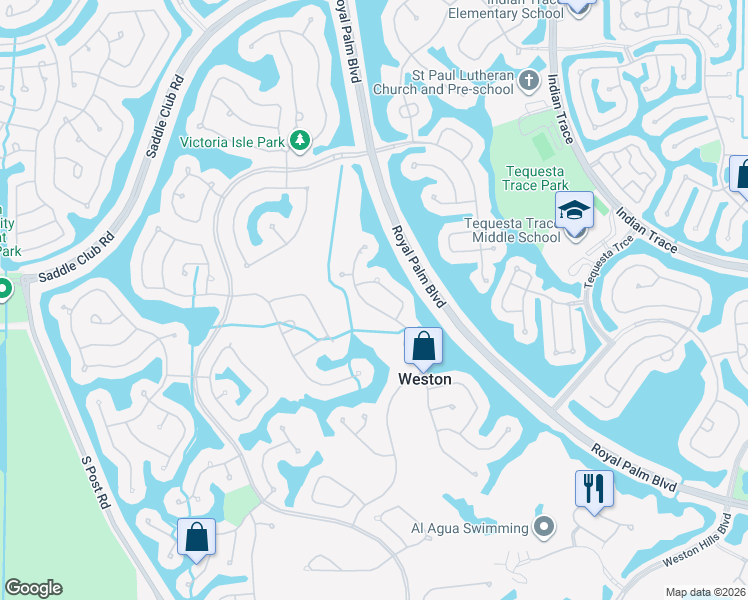 map of restaurants, bars, coffee shops, grocery stores, and more near 2492 Eagle Run Drive in Weston