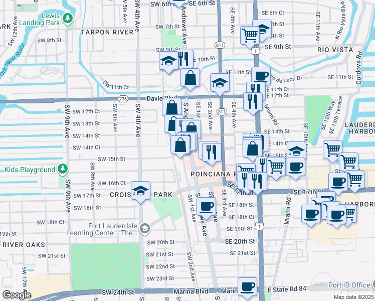 map of restaurants, bars, coffee shops, grocery stores, and more near 1503 Southwest 1st Avenue in Fort Lauderdale