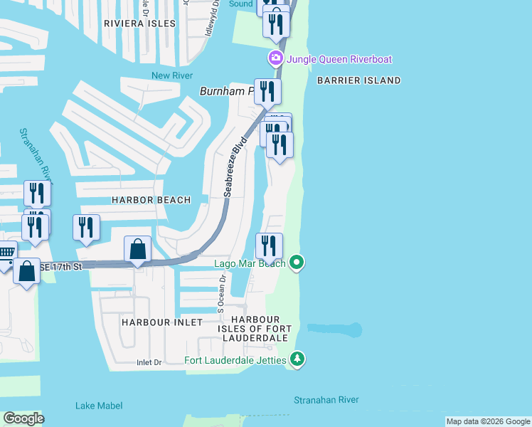 map of restaurants, bars, coffee shops, grocery stores, and more near 1551 South Ocean Lane in Fort Lauderdale