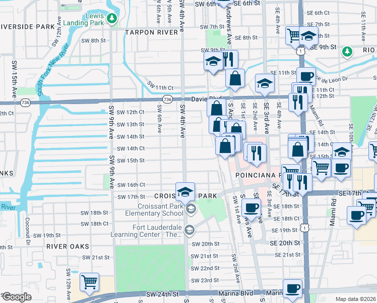 map of restaurants, bars, coffee shops, grocery stores, and more near 395 Southwest 15th Street in Fort Lauderdale