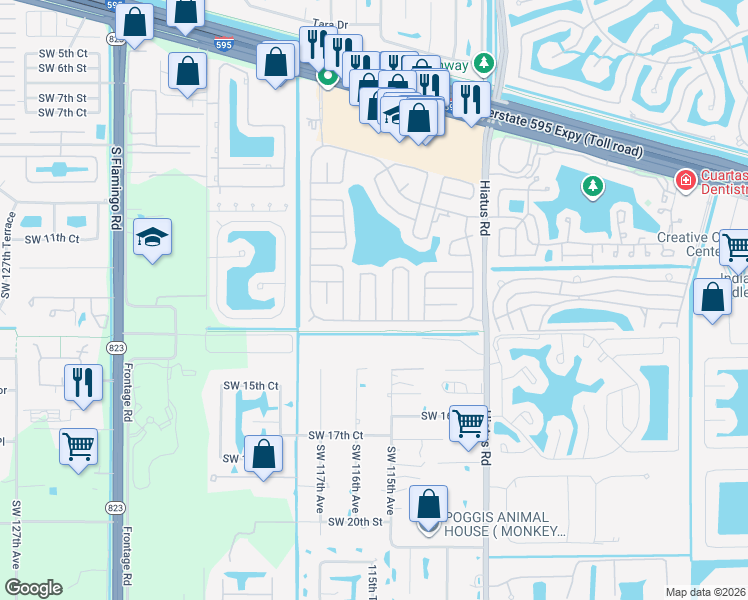 map of restaurants, bars, coffee shops, grocery stores, and more near 1310 Southwest 115th Way in Davie