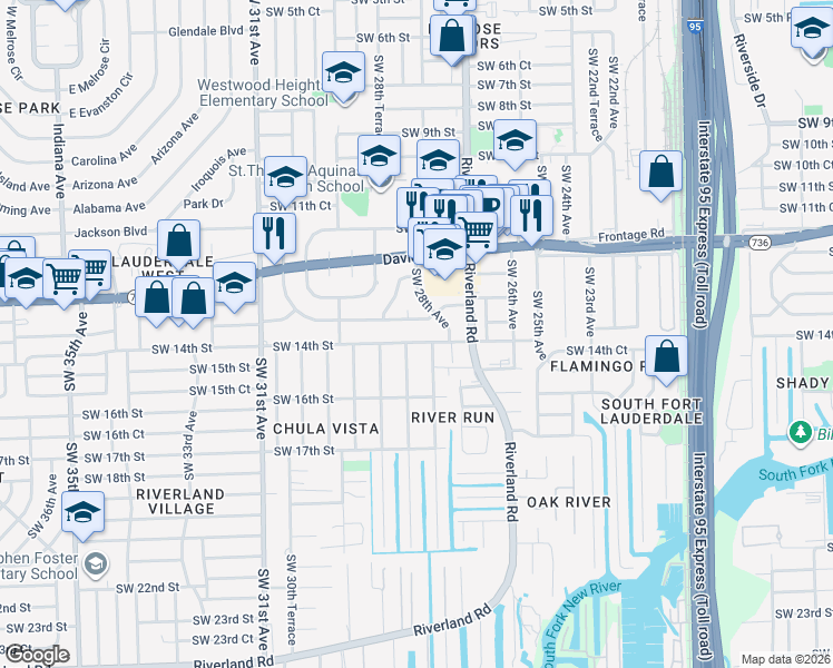 map of restaurants, bars, coffee shops, grocery stores, and more near 1401 Southwest 28th Avenue in Fort Lauderdale