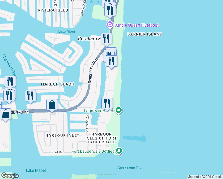 map of restaurants, bars, coffee shops, grocery stores, and more near 1590 South Ocean Lane in Fort Lauderdale