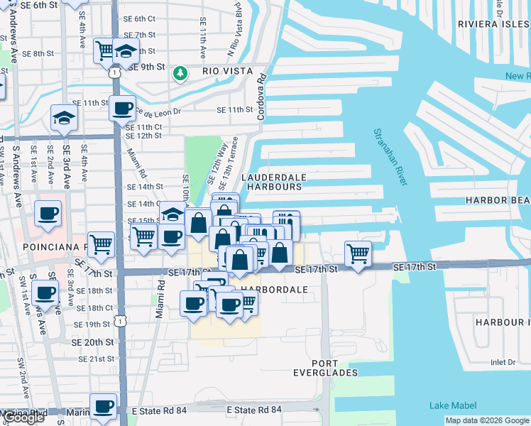map of restaurants, bars, coffee shops, grocery stores, and more near 1490 Southeast 15th Street in Fort Lauderdale