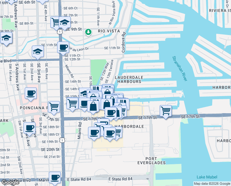 map of restaurants, bars, coffee shops, grocery stores, and more near 1424 Southeast 15th Street in Fort Lauderdale